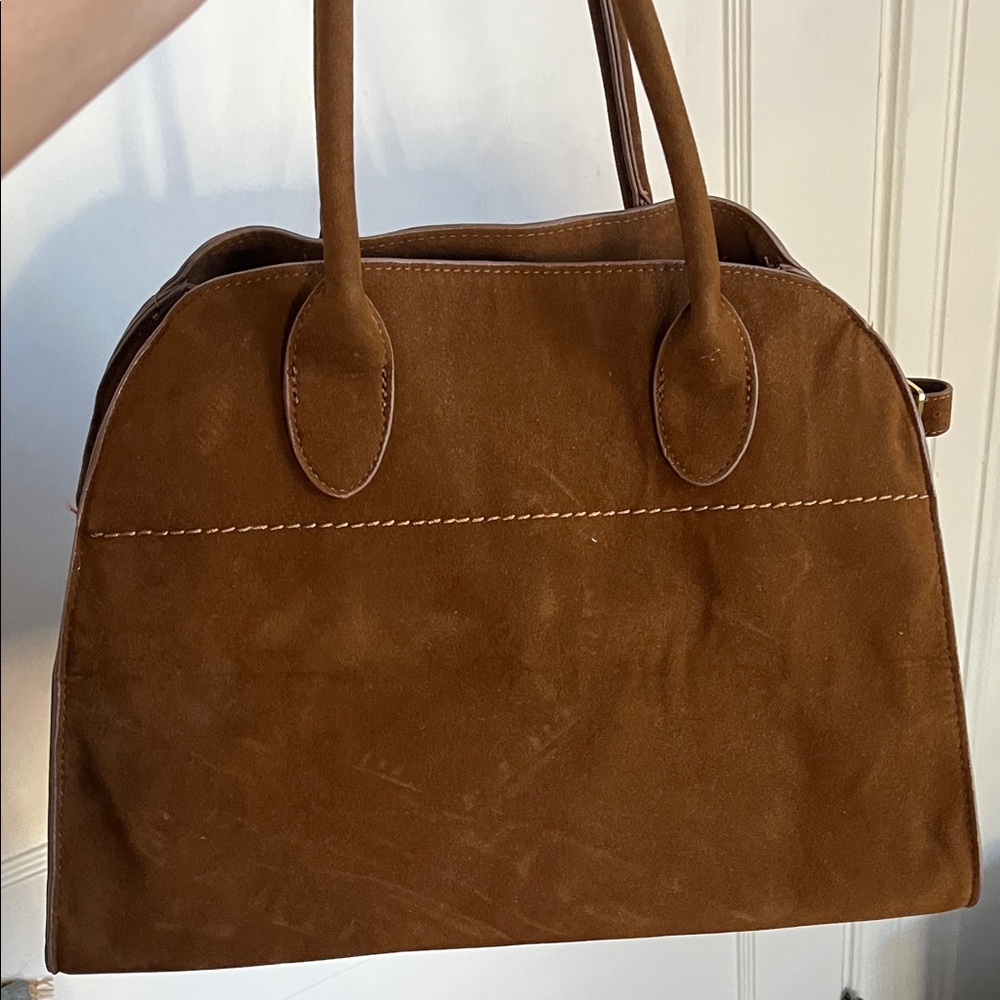 Amazon medium size brown faux suede tote. Never worn. Does not have strap.
